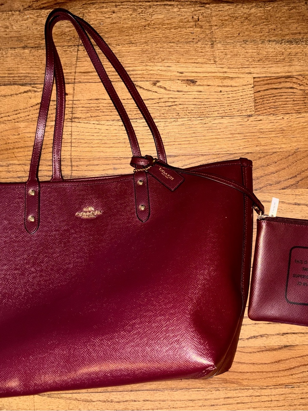 Coach Wine Red Saffiano Leather reversible city Tote with Removable Pouch